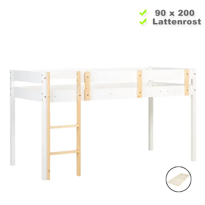 Hochbett 90x200 - Kinderbett aus Holz mit naturfarbener Leiter - Farbe: Weiß Natur