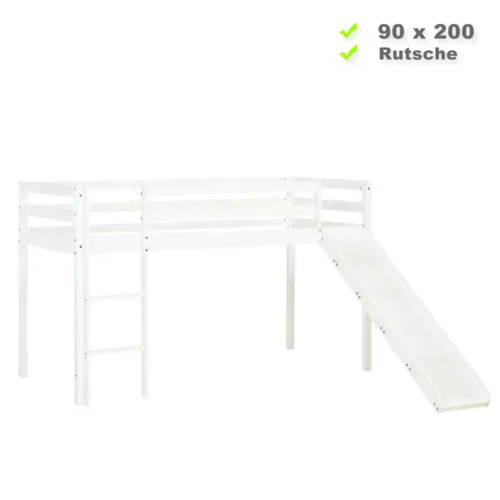 Kinderbett 90x200 - Hochbett mit Rutsche und Leiter - Farbe: Weiß