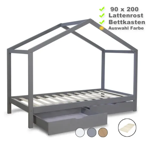 Hausbett 90x200 - Kinderbett mit Bettkästen - Farbe-Auswahl: Natur Weiß Grau