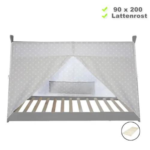 Tipi 90x200 cm – Holz Kinderbett in bodentiefer Zeltform – Farbe: Grau Weiß