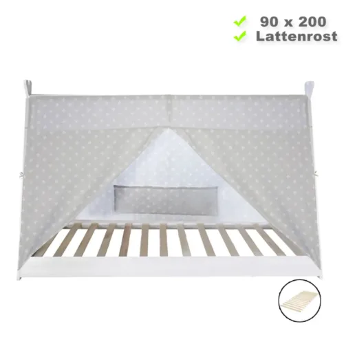 Tipi 90x200 cm – bodentiefes Holzbett in Zeltform für Kinder – Farbe: Weiß Grau