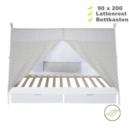 Tipi 90x200 cm – Kinder Hausbett mit zwei Schubkästen – Farbe: Weiß Grau