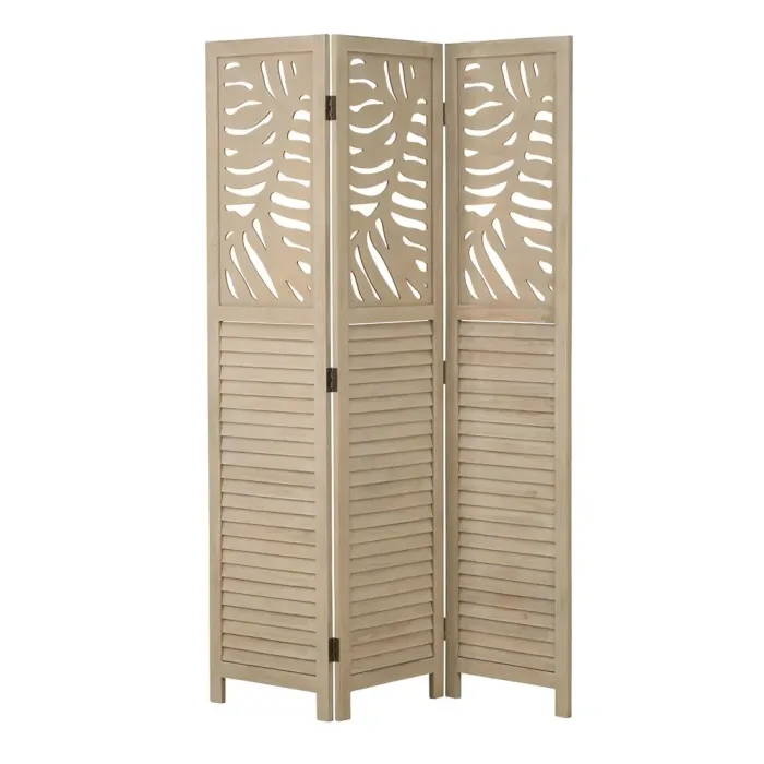 Raumteiler aus Holz mit Blatt Muster 120x170 cm - Paravent 3 teilig mit Holzlamellen - Farbe: Beige - Sand