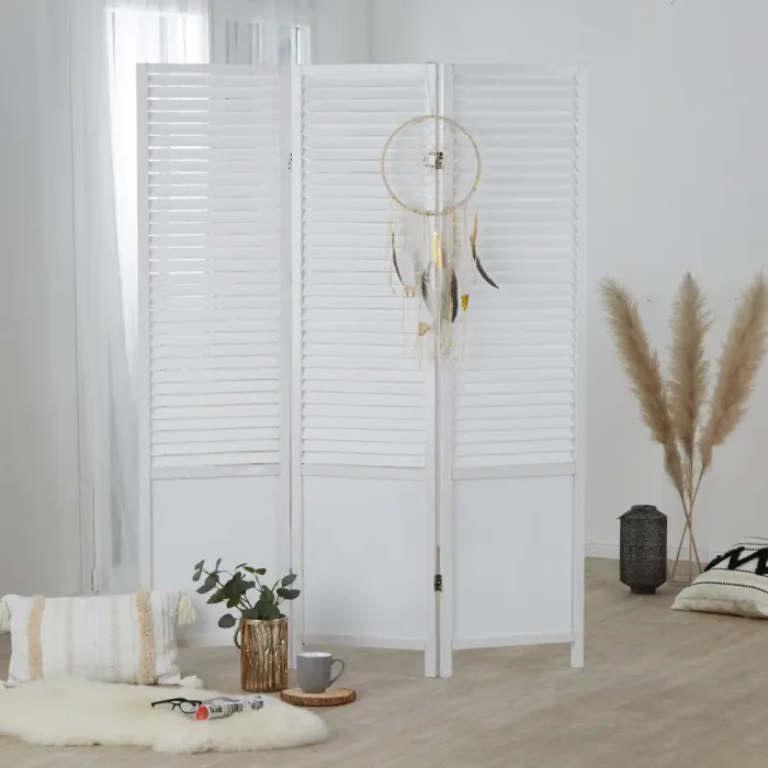 Raumteiler Used-Design aus Holz 130×175 cm – Paravent 3 teilig mit mehrzeiligen Holzlamellen – Farbe: Weiß