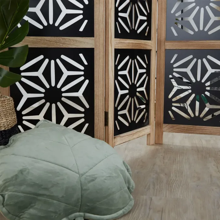 Raumteiler im Industrial Design 120x170 cm - Durchsichtiger Holz Paravent 3 teilig mit offenen Motiven - Farbe: Natur Schwarz