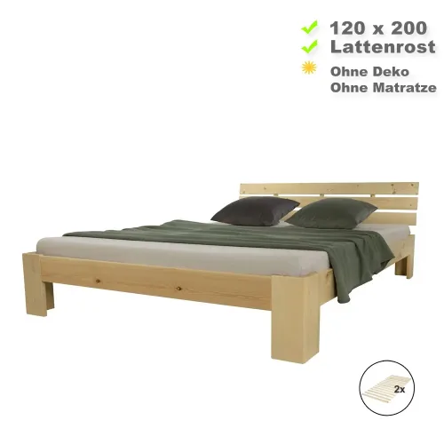 Massivholzbett 120x200 - Doppelbett aus Echtholz mit Komfort Kopfteil - Farbe: Natur