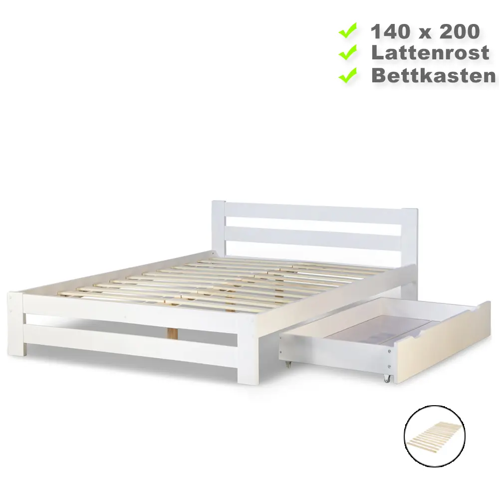 Massivholzbett 140x200 – Doppelbett mit Bettkasten und erhöhtem Kopfteil – Farbe: Weiß