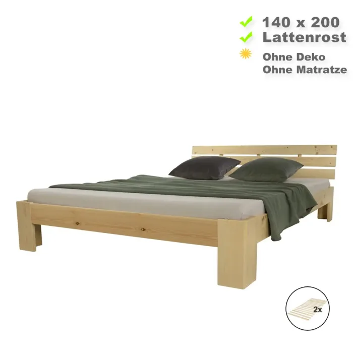 Massivholzbett 140x200 - Doppelbett aus Echtholz mit Komfort Kopfteil - Farbe: Natur