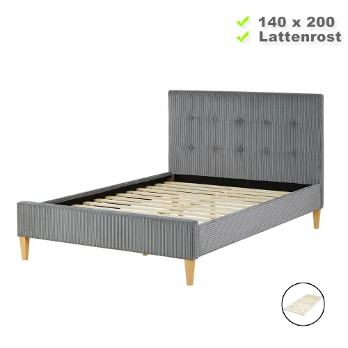 Polsterbett 140x200 Doppelbett aus Cordstoff in Grau - mit hohem Kopfrahmen