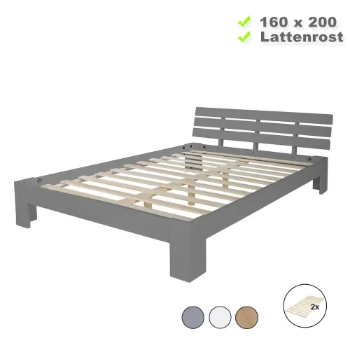 Massivholzbett 160x200 – Doppelbett mit Rückenlehne – Farbe-Auswahl: Weiß Natur Grau