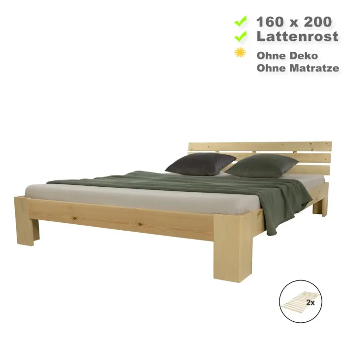 Massivholzbett 160x200 - Doppelbett aus Echtholz mit Komfort Kopfteil - Farbe: Natur