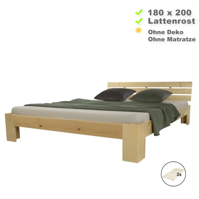 Massivholzbett 180x200 - Doppelbett aus Echtholz mit Komfort Kopfteil - Farbe: Natur