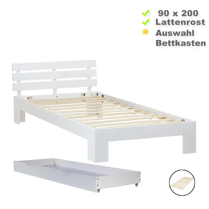 Massivholzbett 90x200 – Einzelbett mit hoher Lehne – Auswahl Bettschublade - Farbe: Weiß