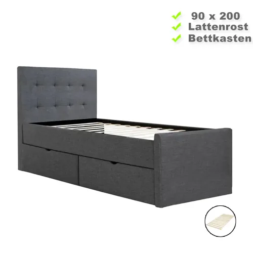 Polsterbett 90x200 - Einzelbett mit zwei Bettkästen - Farbe: Grau