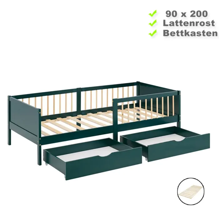 Kinderbett mit Gitterrand in Natur 90x200 - Holzbett mit zwei Schubladen und Rausfallschutz - Farbe: Grün