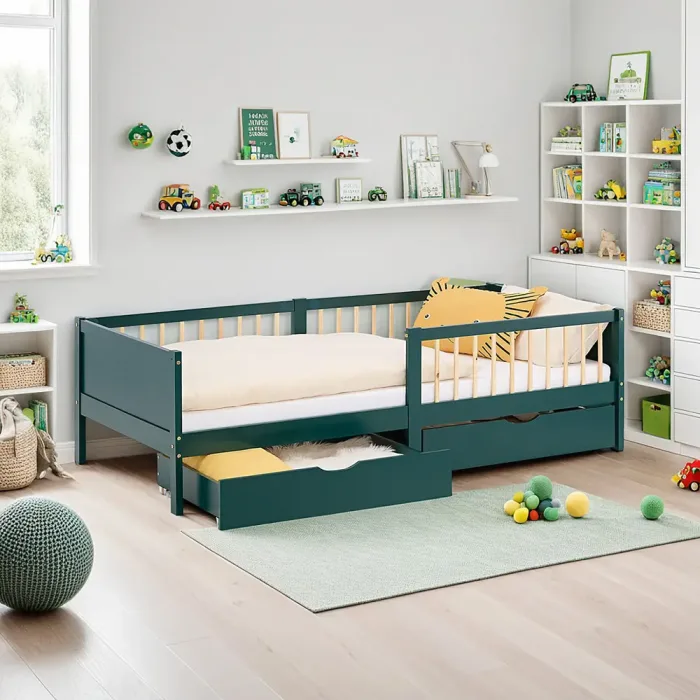 Kinderbett mit Gitterrand in Natur 90x200 - Holzbett mit zwei Schubladen und Rausfallschutz - Farbe: Grün