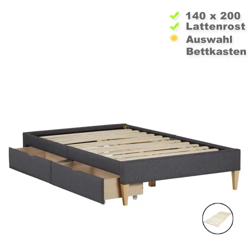 Polsterbett 140x200 in Grau - Doppelbett mit Rubberwood-Füßen & optionalen Bettkästen