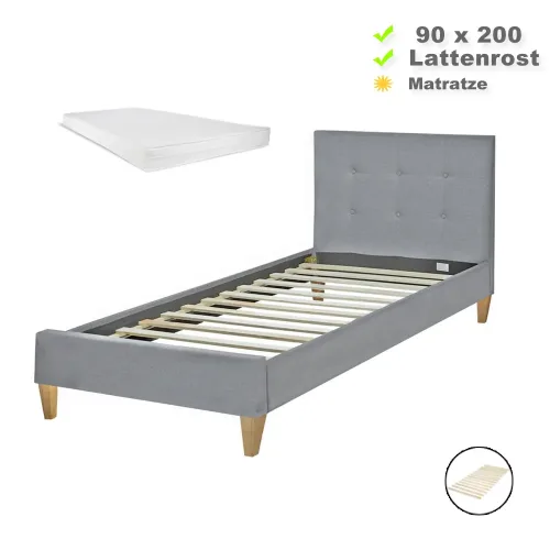 Polsterbett 90x200 mit hohem Kopfrahmen - Einzelbett optional mit Matratze - Farbe: Grau