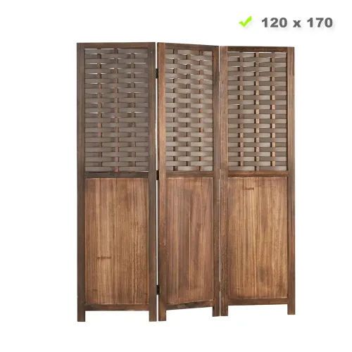 Raumteiler mit Holzlamellen 120x170 cm - Paravent 3 teilig aus Echtholz und Kunststoff in Rattan-Optik - Farbe: Braun