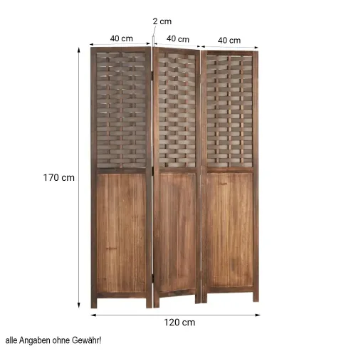 Raumteiler mit Holzlamellen 120x170 cm - Paravent 3 teilig aus Echtholz und Kunststoff in Rattan-Optik - Farbe: Braun