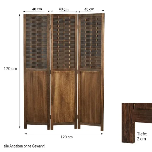 Raumteiler mit Holzpaneelen 120x170 cm - Paravent 3 teilig aus Holz und einem Kunststoffgeflecht - Farbe: Braun Dunkelbraun