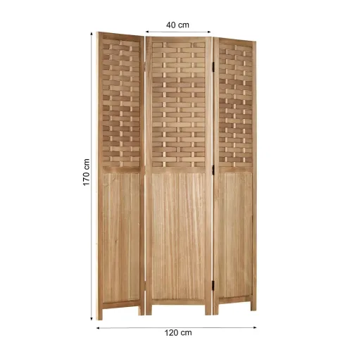 Raumteiler mit Holzstreben 120x170 cm - Paravent 3 teilig aus Echtholz und Kunststoffelementen - Farbe: Hellbraun Natur