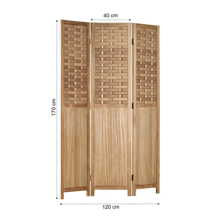 Raumteiler mit Holzstreben 120x170 cm - Paravent 3 teilig aus Echtholz und Kunststoffelementen - Farbe: Hellbraun Natur