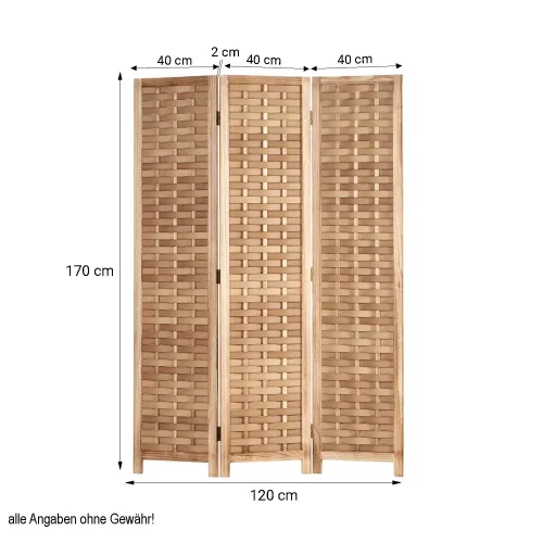 Raumteiler aus Holz 120x170 cm - Paravent 3 teilig mit einem mehrfarbigen Kunststoffgeflecht - Farbe: Natur Braun