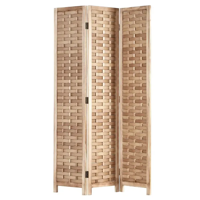 Raumteiler aus Holz 120x170 cm - Paravent 3 teilig mit einem mehrfarbigen Kunststoffgeflecht - Farbe: Natur Braun