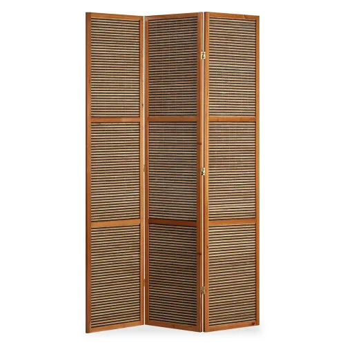 Raumteiler XXL 200 cm Höhe - Paravent 3 teilig Holz mit mehrfarbiger Bambusbespannung - Farbe: Braun