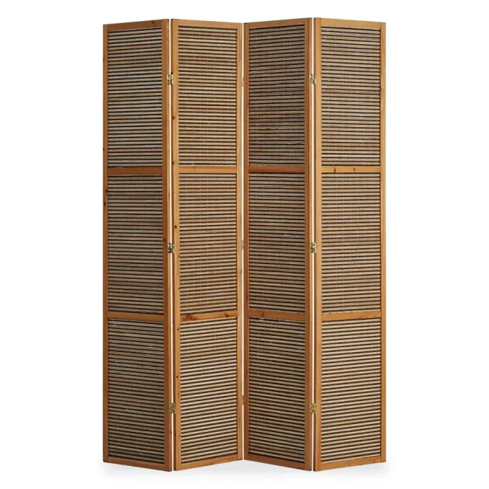 Raumteiler XXL 200 cm Höhe - Paravent 4 teilig Holz mit mehrfarbiger Bambusbespannung - Farbe: Braun