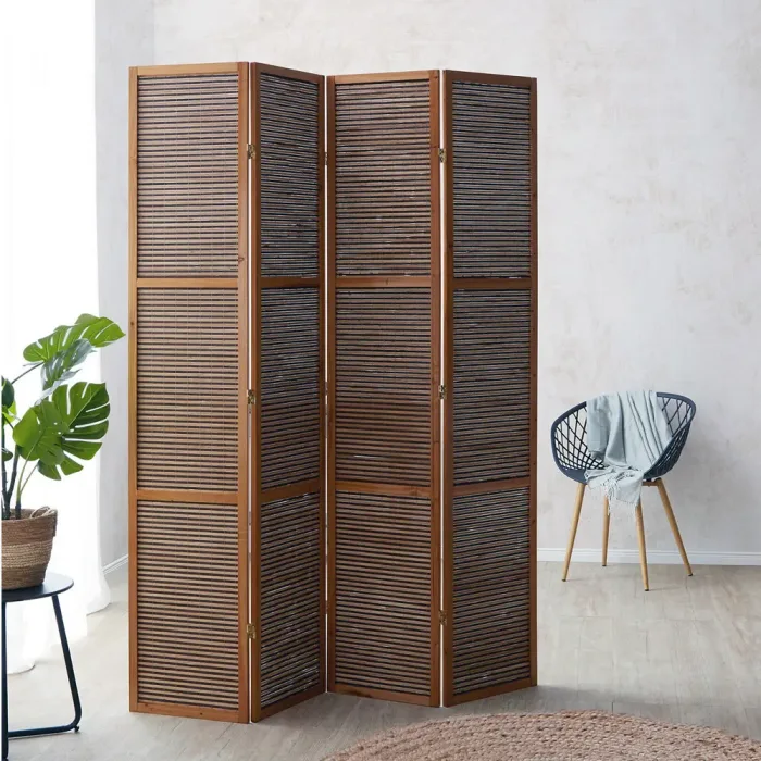 Raumteiler XXL 200 cm Höhe - Paravent 4 teilig Holz mit mehrfarbiger Bambusbespannung - Farbe: Braun