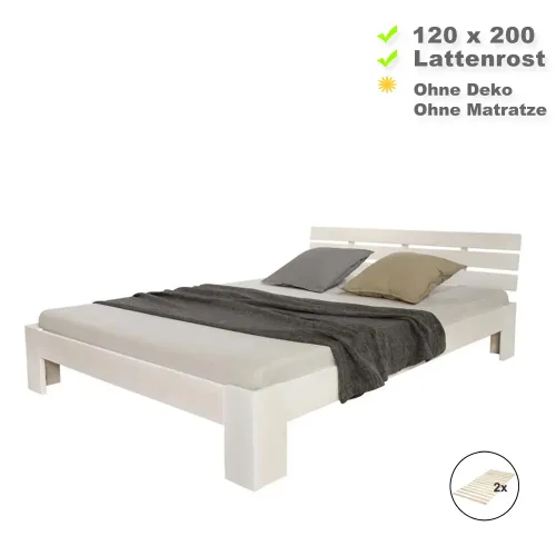 Massivholzbett 120x200 - Doppelbett aus Echtholz mit Komfort Kopfteil - Farbe: Weiß