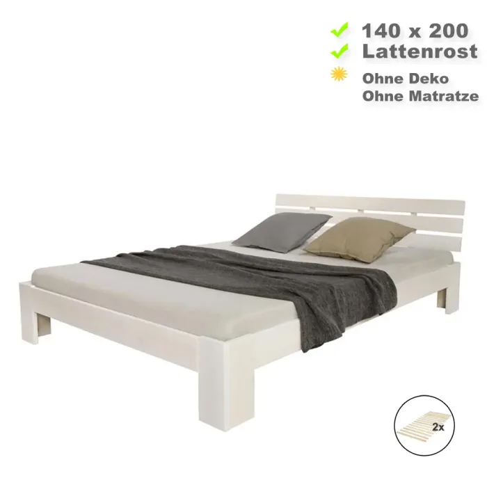 Massivholzbett 140x200 - Doppelbett aus Echtholz mit Komfort Kopfteil - Farbe: Weiß