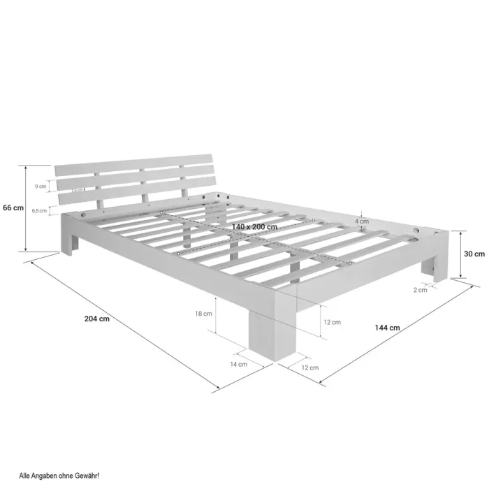 Massivholzbett 140x200 - Doppelbett aus Echtholz mit Komfort Kopfteil - Farbe: Weiß