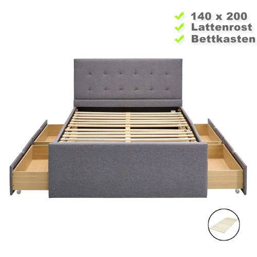 Polsterbett 140x200 - Doppelbett mit vier Bettkästen - Farbe: Grau