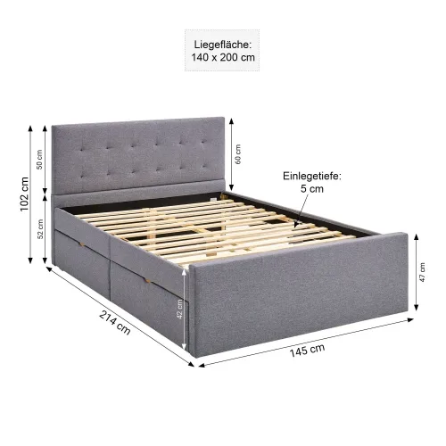 Polsterbett 140x200 - Doppelbett mit vier Bettkästen - Farbe: Grau