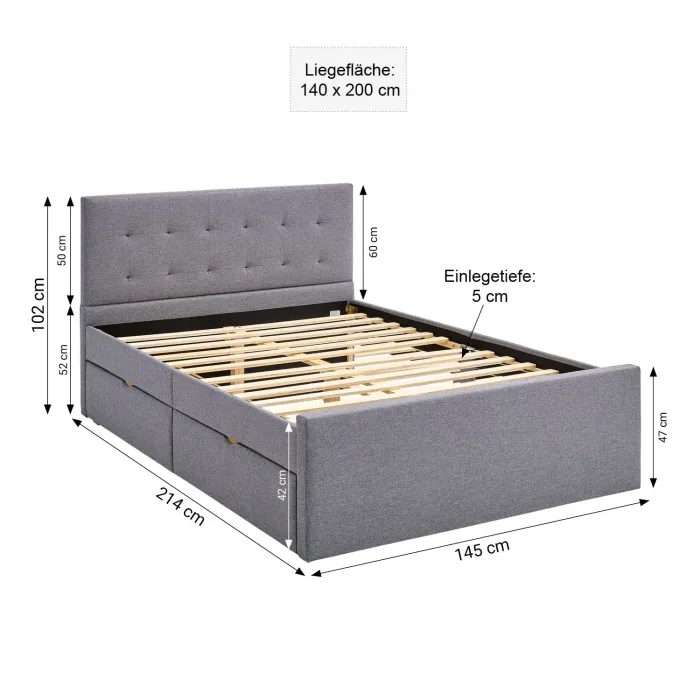 Polsterbett 140x200 - Doppelbett mit zwei Bettkästen - Farbe: Grau