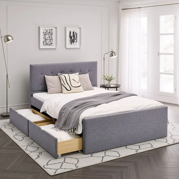 Polsterbett 140x200 - Doppelbett mit zwei Bettkästen - Farbe: Grau