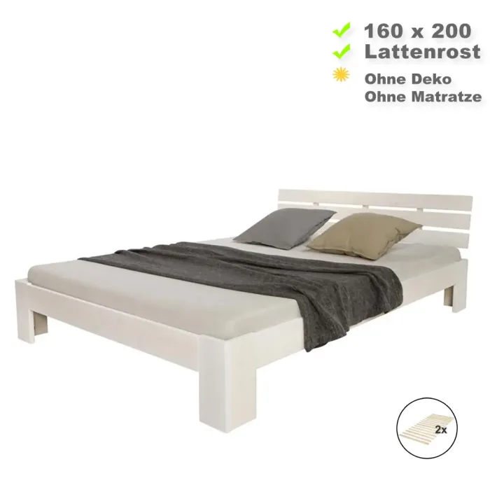 Massivholzbett 160x200 - Doppelbett aus Echtholz mit Komfort Kopfteil - Farbe: Weiß