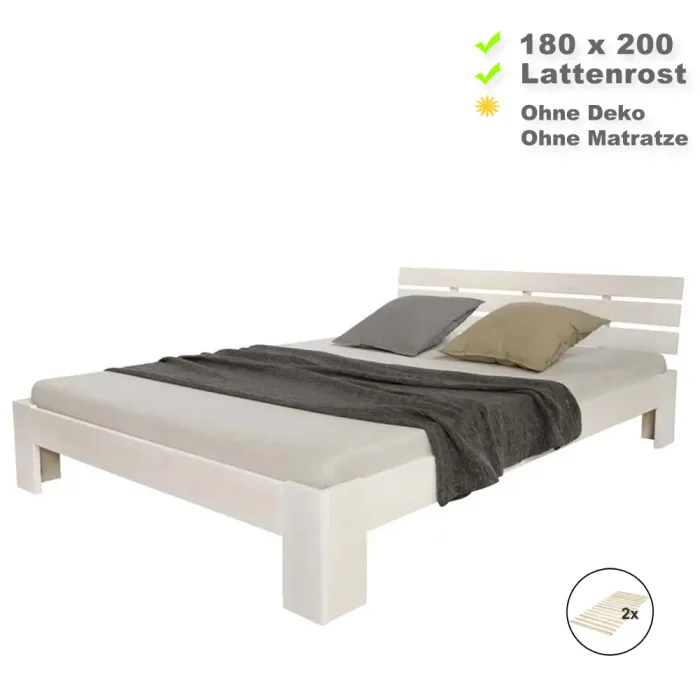 Massivholzbett 180x200 - Doppelbett aus Echtholz mit Komfort Kopfteil - Farbe: Weiß