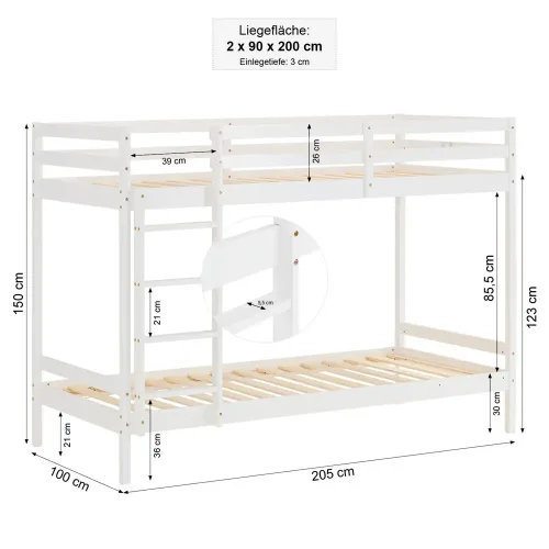 Etagenbett 2x 90x200 mit Leiter und optional Bettkasten - Kinderbett mit zwei Schlafplätzen - Farbe: Weiß