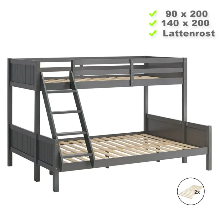 Etagenbett mit zwei Liegeflächen - 90x200 und 140x200 - Doppelstockbett aus Vollholz - Farbe: Grau