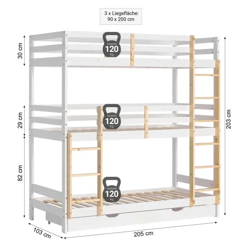 Kiefernholz Etagenbett 90x200 mit drei Schlafplätzen in Weiß mit Natur - Kinderbett mit Bettschublade