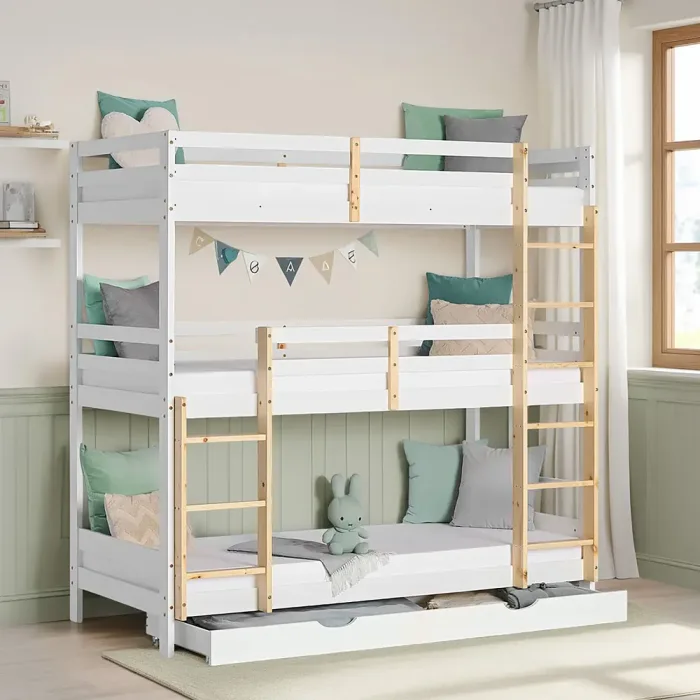 Kiefernholz Etagenbett 90x200 mit drei Schlafplätzen in Weiß mit Natur - Kinderbett mit Bettschublade