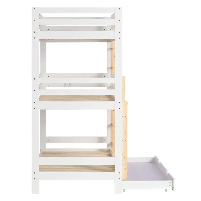 Kiefernholz Etagenbett 90x200 mit drei Schlafplätzen in Weiß mit Natur - Kinderbett mit Bettschublade