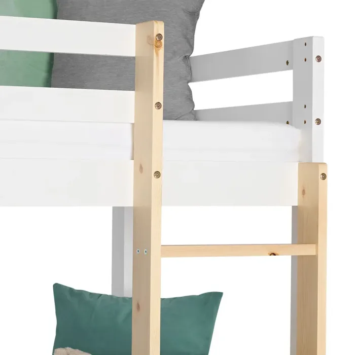 Kiefernholz Etagenbett 90x200 mit drei Schlafplätzen in Weiß mit Natur - Kinderbett mit Bettschublade