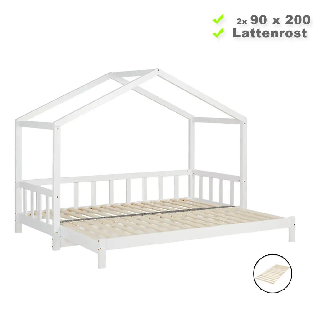 Kinderdoppelbett 2x 90x200 mit Zusatzliegefläche - Massivholz Hausbett mit Rausfallschutz - Farbe: Weiß