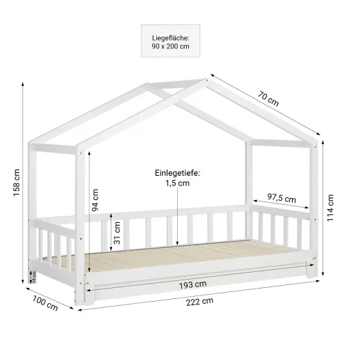 Kinderdoppelbett 2x 90x200 mit Zusatzliegefläche - Massivholz Hausbett mit Rausfallschutz - Farbe: Weiß