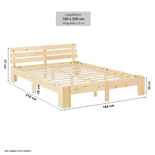 Massivholzbett 160x200 - Doppelbett aus Echtholz mit Komfort Kopfteil - Farbe: Natur